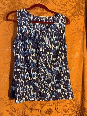 Halogen Black White Blue AbstractPrint Sleeveless Silk Ruffle Neck Top Sz L
